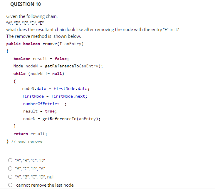 the remove method with the entry "C" is made, what does the