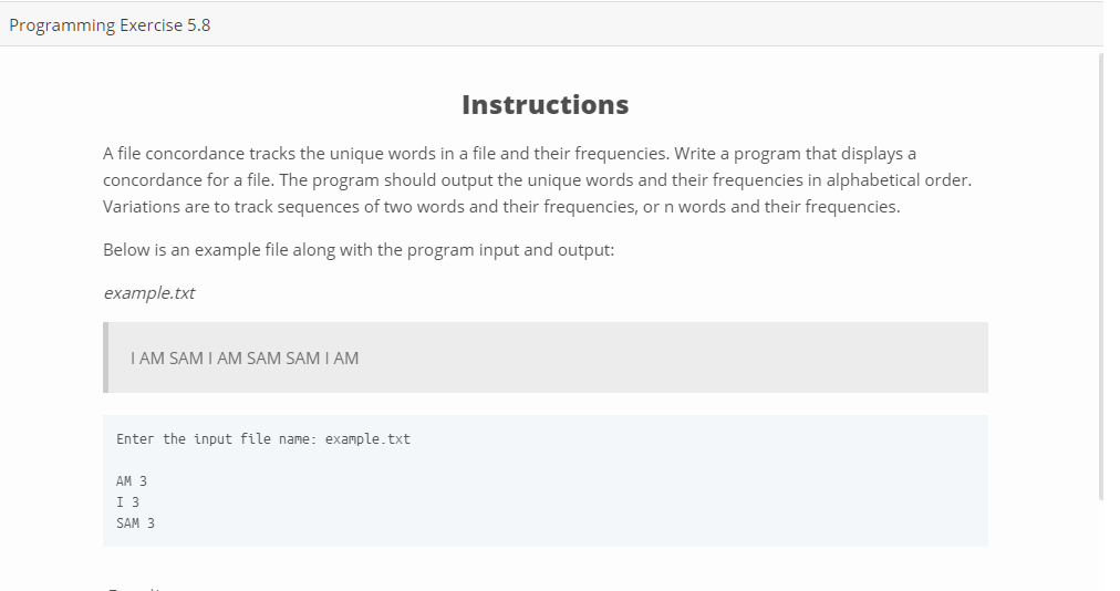Programming Exercise 5.8 A file concordance tracks the unique words in a