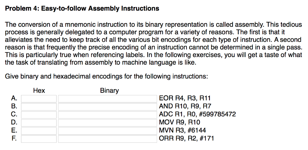 Converting mnemonic instruction to binary representation question Problem 4: Easy-to-follow Assembly Instructions