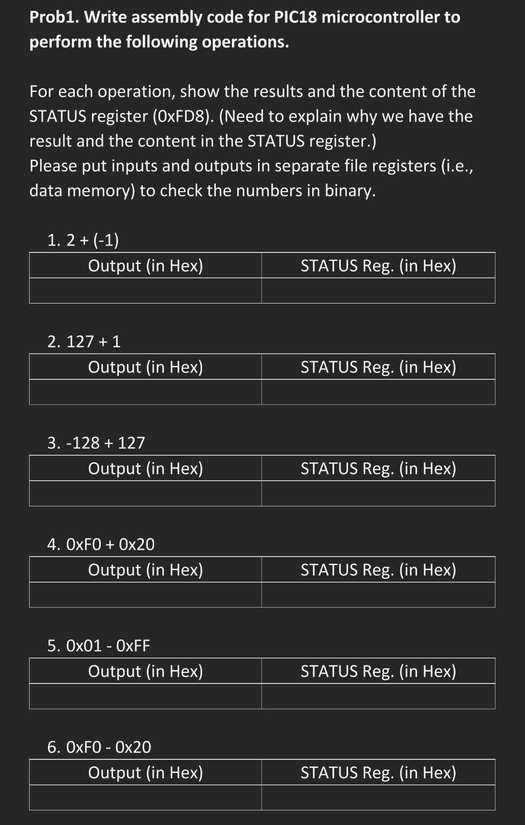  Prob1. Write assembly code for PIC18 microcontroller to perform the following