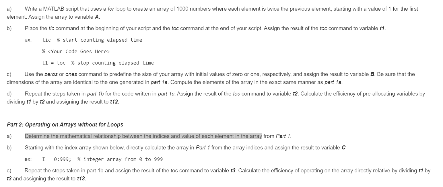  a) Write a MATLAB script that uses a for loop to