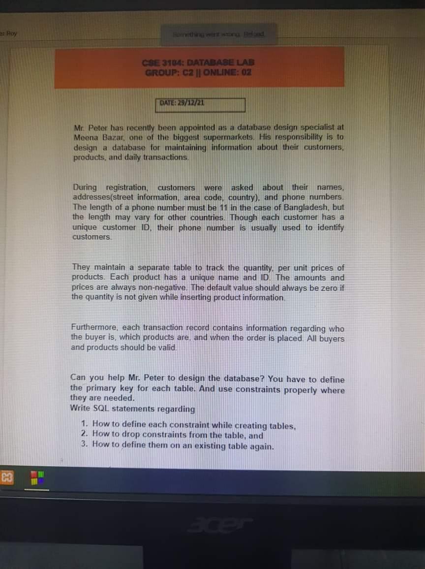  ar Roy CSE 3104: DATABASE LAB GROUP: C2 || ONLINE: 02