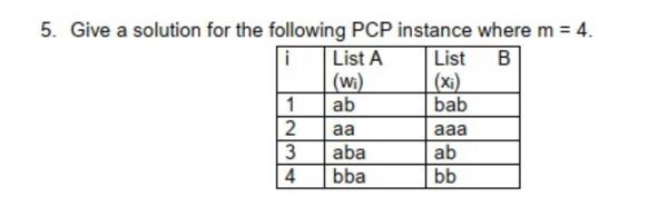  Give a solution for the following PCP instance where m=4. 