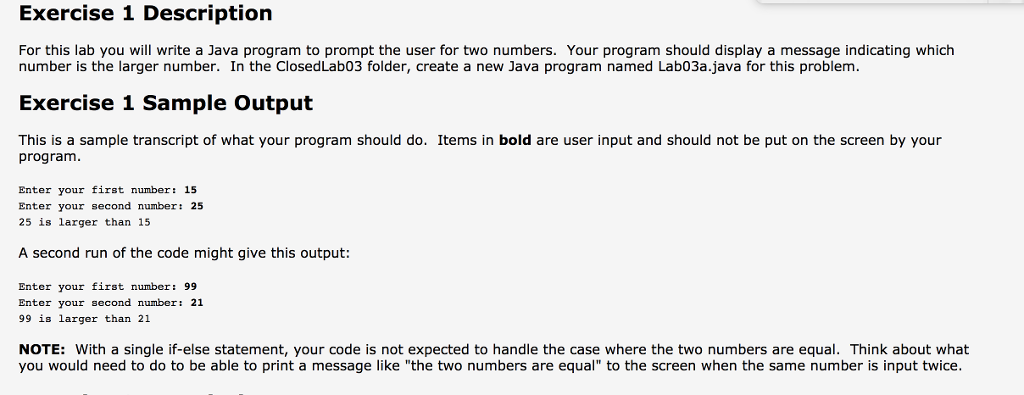  Exercise 1 Description For this lab you will write a Java