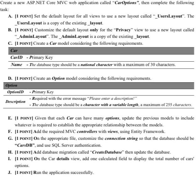  Create a new ASP.NET Core MVC web application called "CarOptions". then