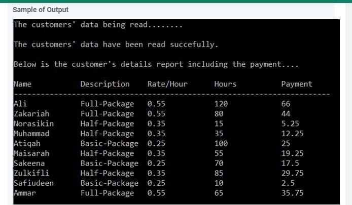according to the following table. Name Subscription Rate/Hour Hours Ali Full-Package 0.55