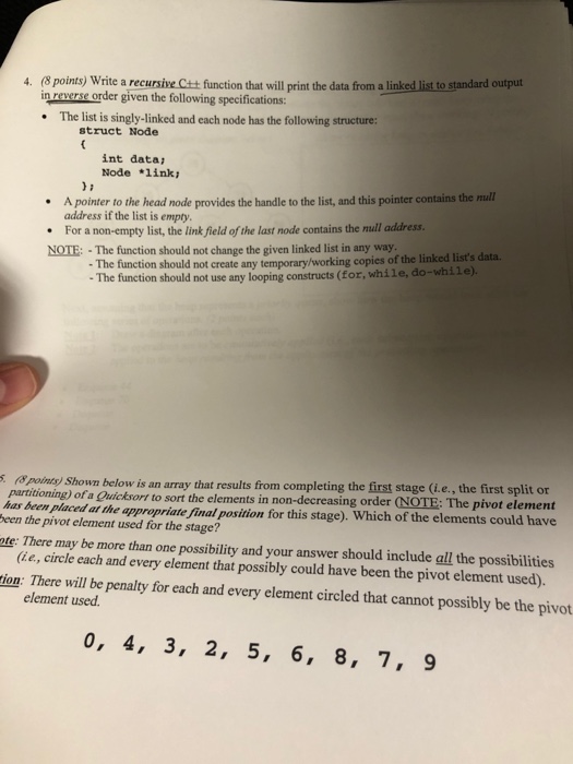  4. (8 points) Write a recursive C++: function that will print