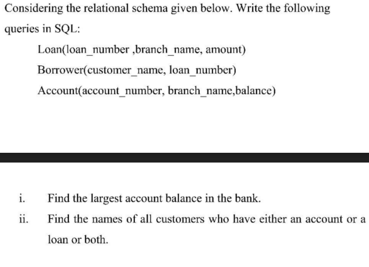 Considering the relational schema given below. Write the following queries in