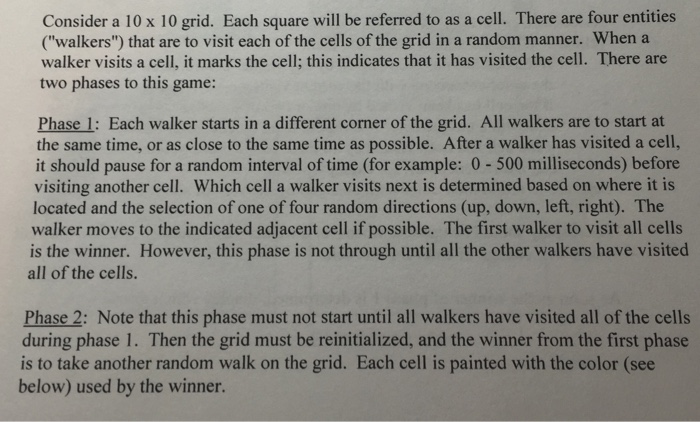  Java program using threads. Each "walker" has a thread and each