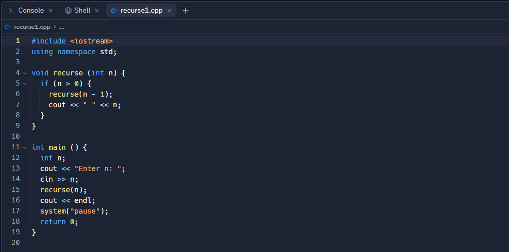 See program recurse1.cpp. The program outputs a number pattern using a recursive