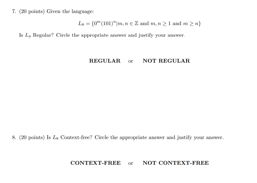 NEED HELP WITH Q8 7. (20 points) Given the language: Ls =