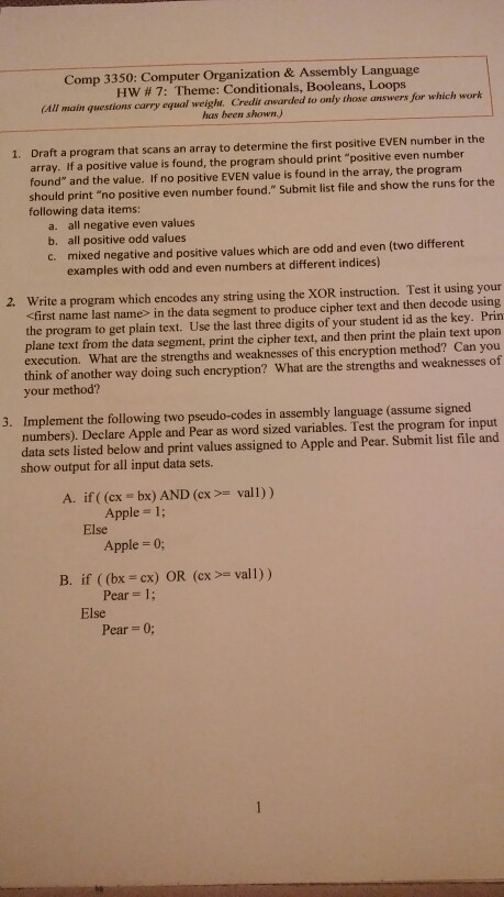  Comp 3350: Computer Organization & Assembly Language HW # 7: Theme: