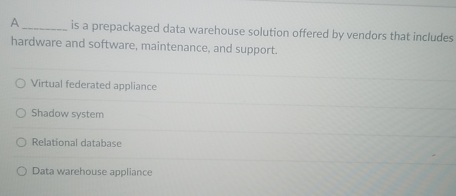  A is a prepackaged data warehouse solution offered by vendors that