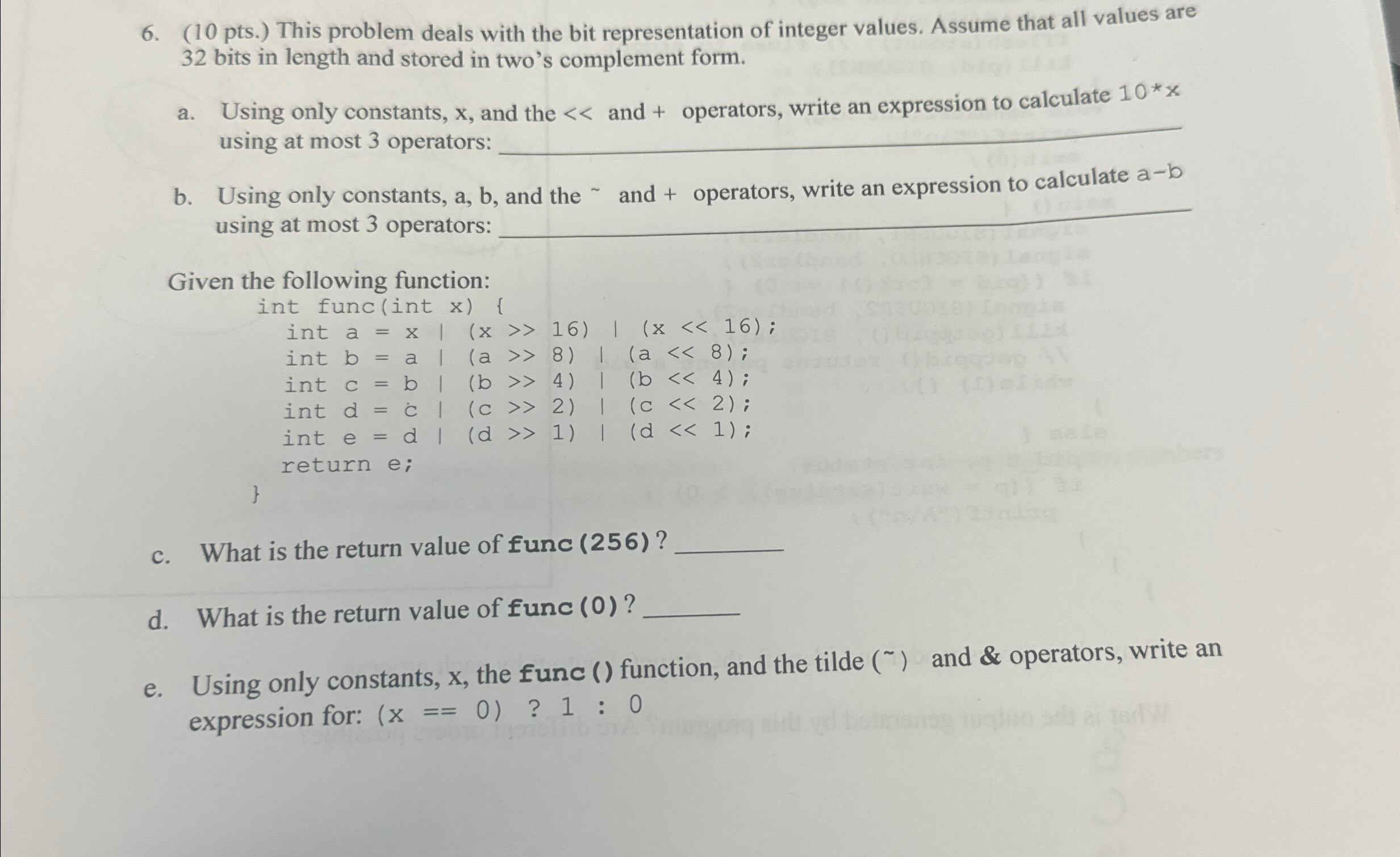  (10 pts.) This problem deals with the bit representation of integer