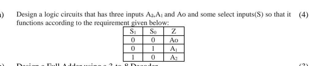  ) Design a logic circuits that has three inputs A2, A,