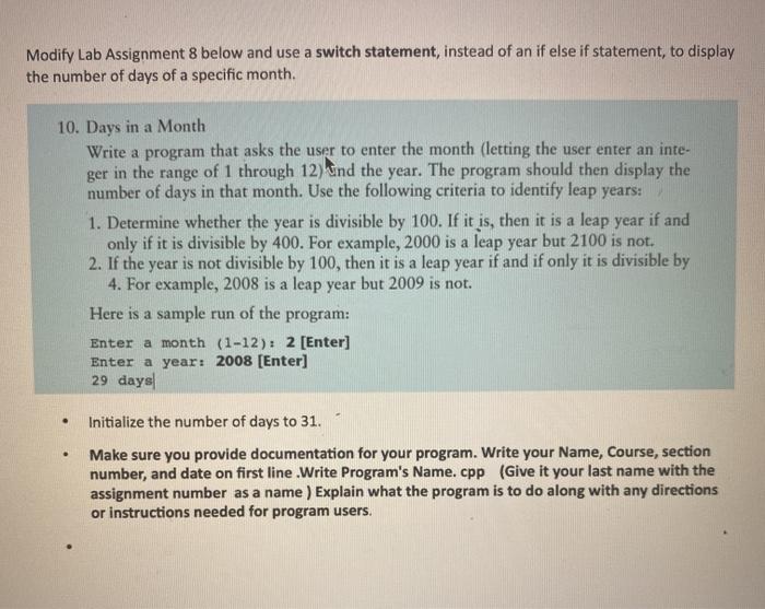  has to be a switch statement in c++ Modify Lab Assignment
