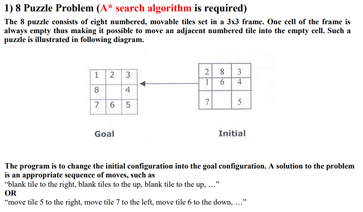  1) 8 Puzzle Problem (A* search algorithm is required) The 8
