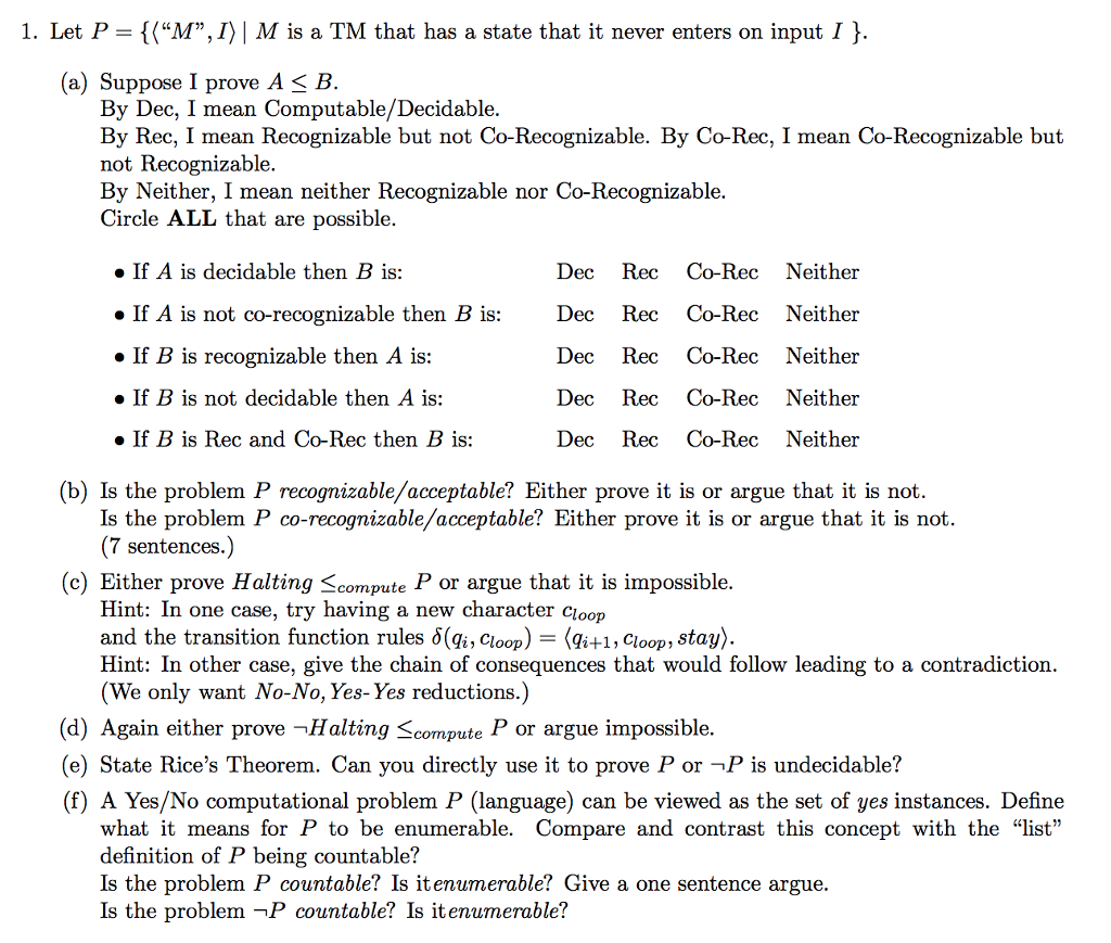 1. Let P = { | M is a TM that has