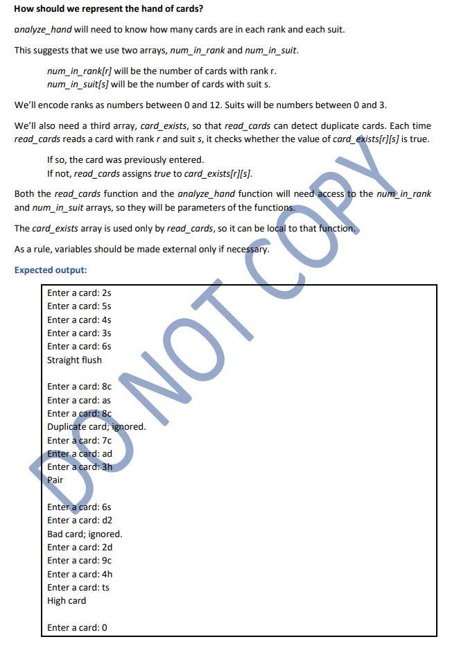 C++) Program : :Classitying a Poker Hand (poker.c) Definition : The program