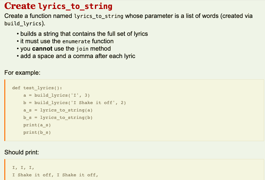 use both the range and enumeration functions to build song lyrics. Create