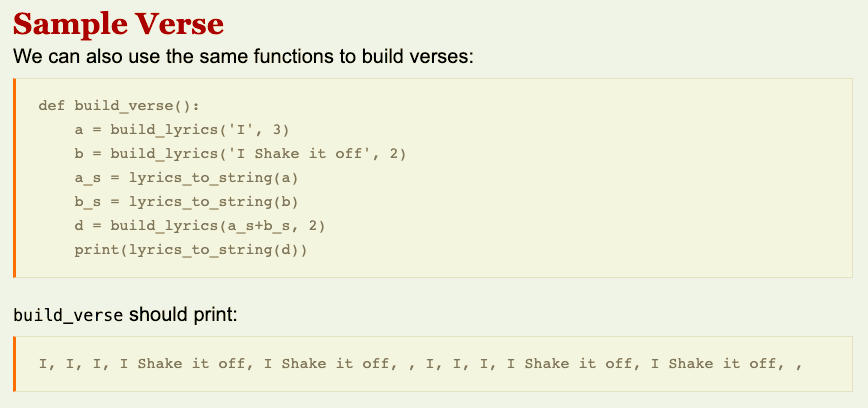 build_lyrics Create a function named "build_lyrics' that has two parameters: a lyric