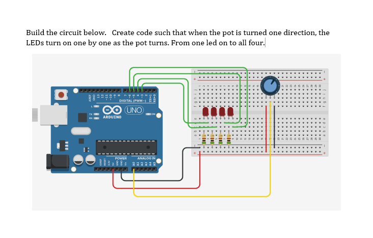  Build the circuit below. Create code such that when the pot