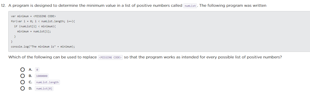  12. A program is designed to determine the minimum value in
