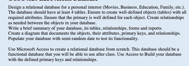 need help to create database please Design a relational database for a