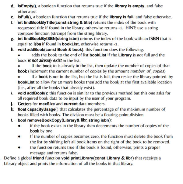 class Book with the following members: 1. private members: a. book title