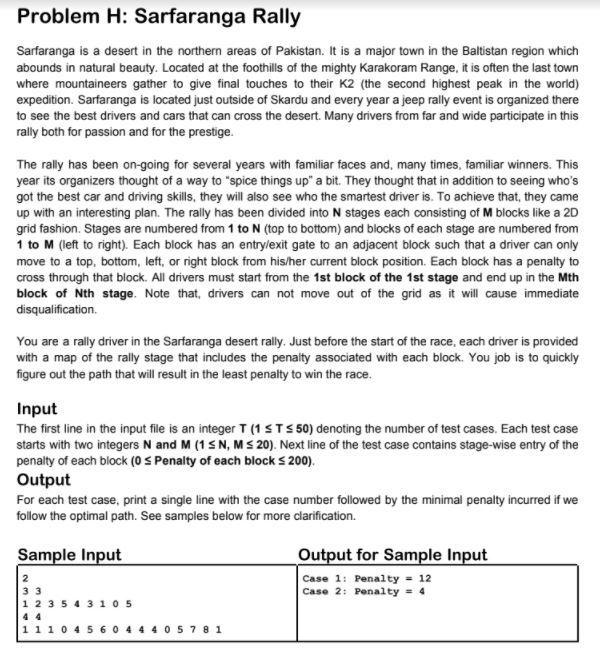Implementation in python 3.9.2 Problem H: Sarfaranga Rally Sarfaranga is a