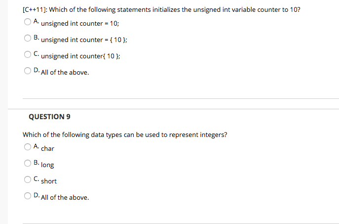 Which of the following statements initializes the unsigned int variable counter