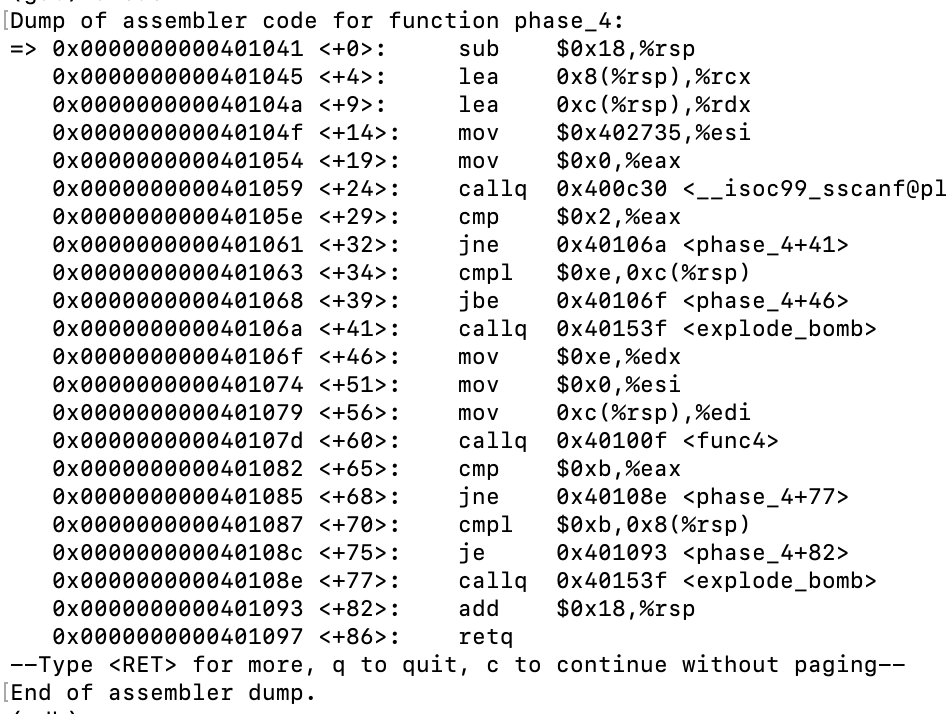 Phase 4 and func 4 assembly code. The answer should be two