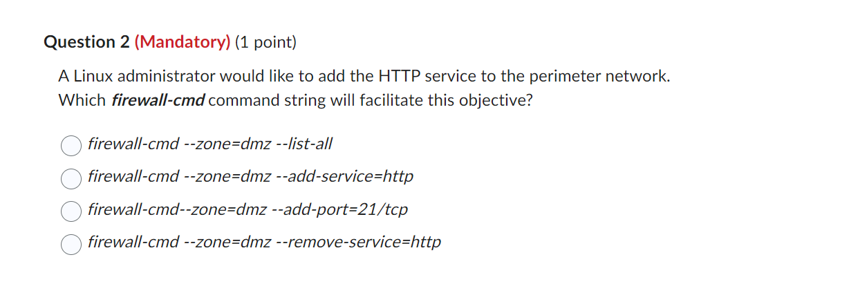 I NEED HELP!! DCOM 224 Question 2 (Mandatory) (1 point) A Linux