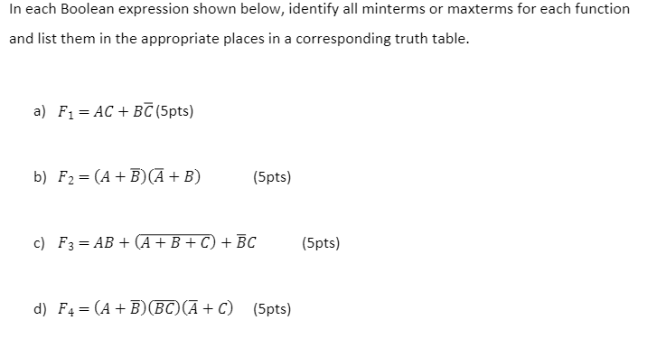 In each Boolean expression shown below, identify all minterms or maxterms