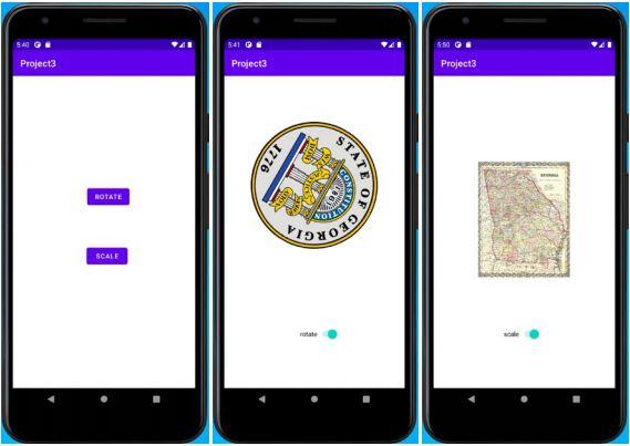 Implement an Android app with three activities. The main screen contains two