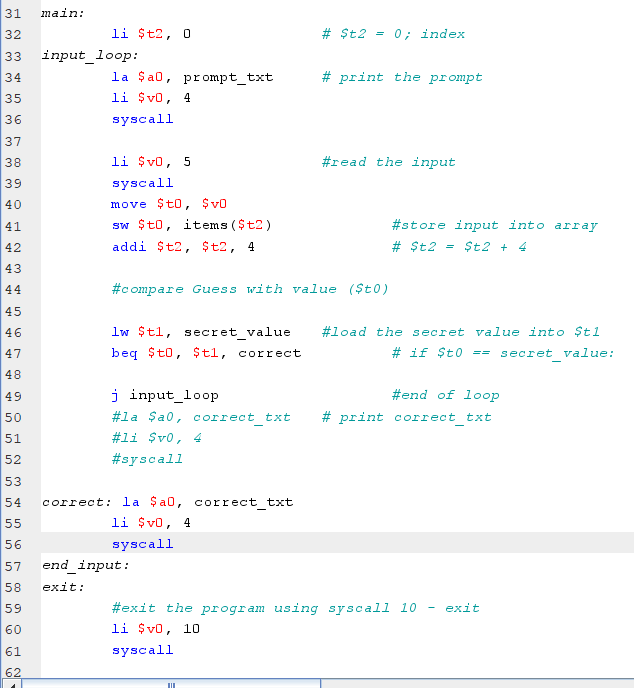 the program goes here .data # Code goes here .text main: li
