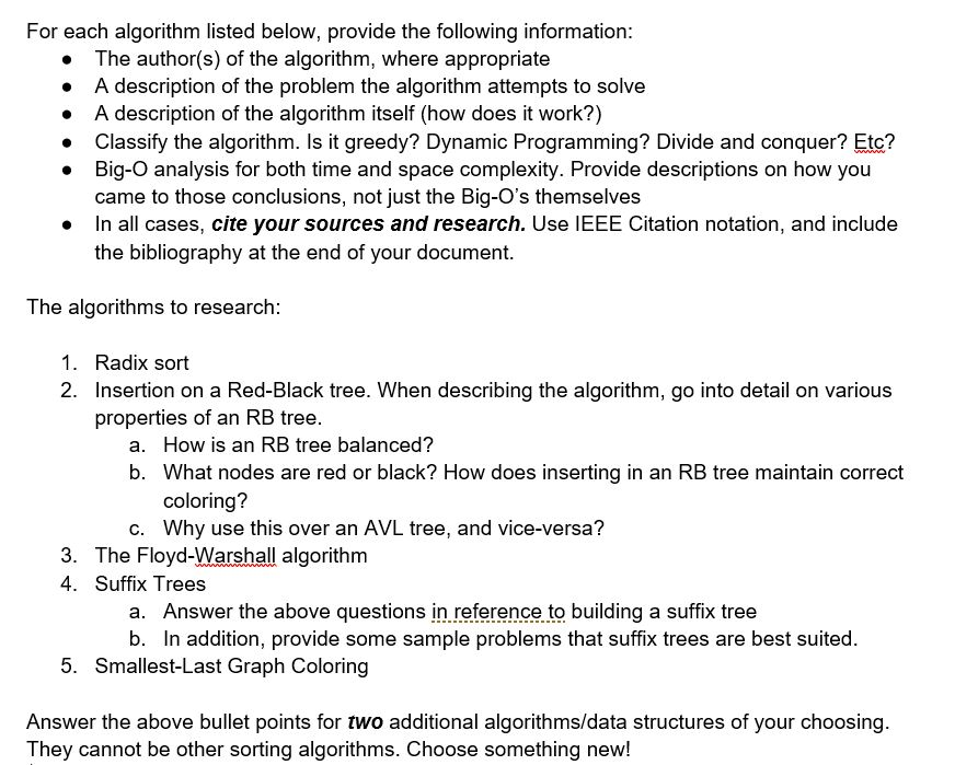  For each algorithm listed below, provide the following information: The author(s)