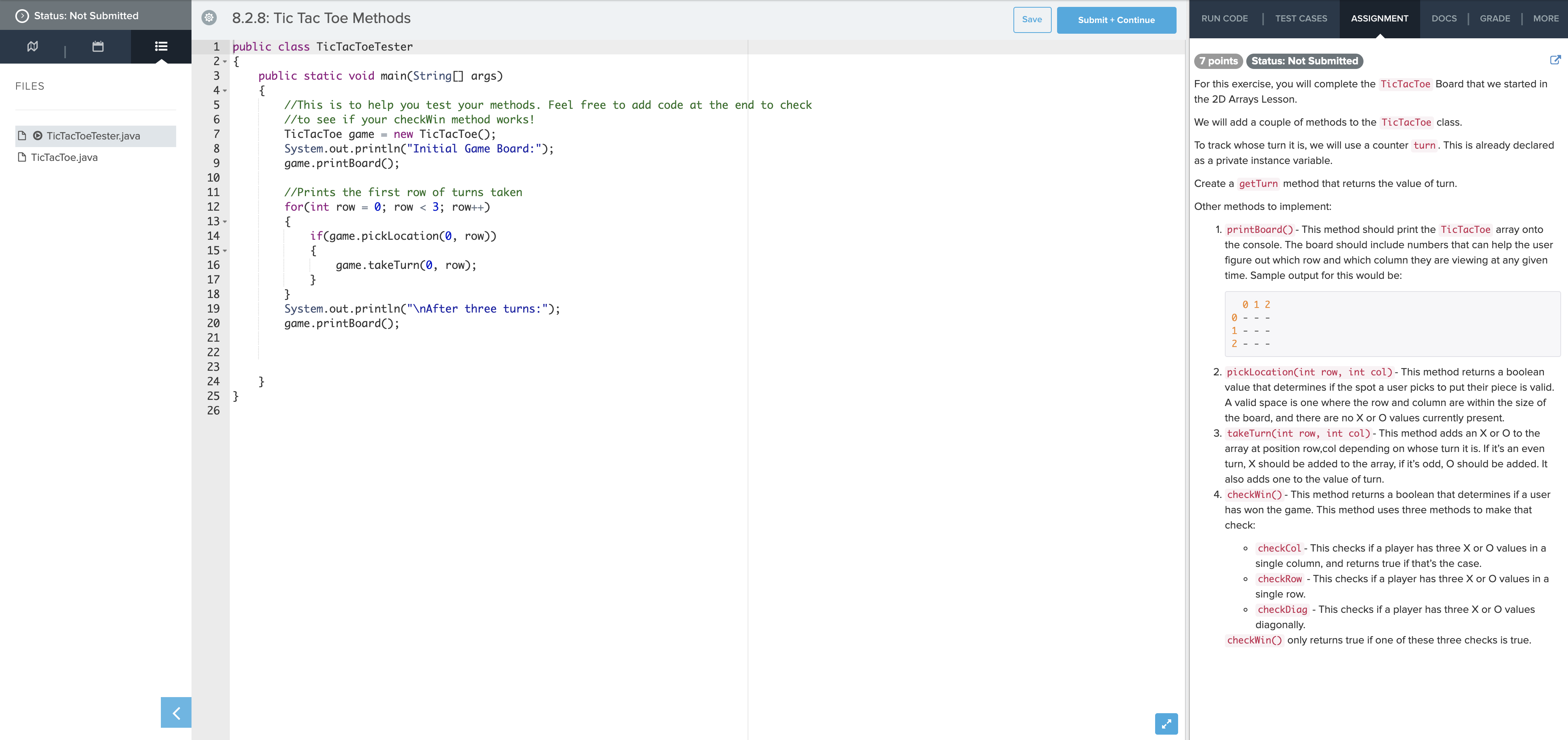 8.2.8 Tic Tac Toe Methods Please complete the code in Java public