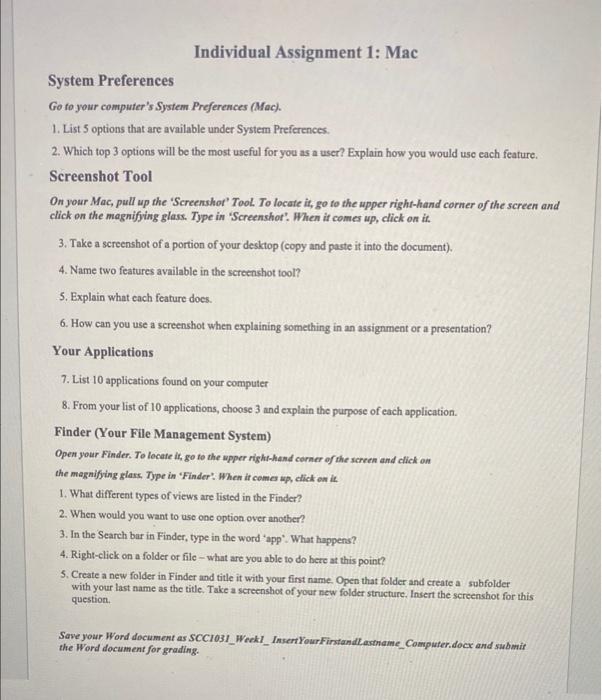 please answer ASAP Individual Assignment 1: Mac System Preferences Go to your