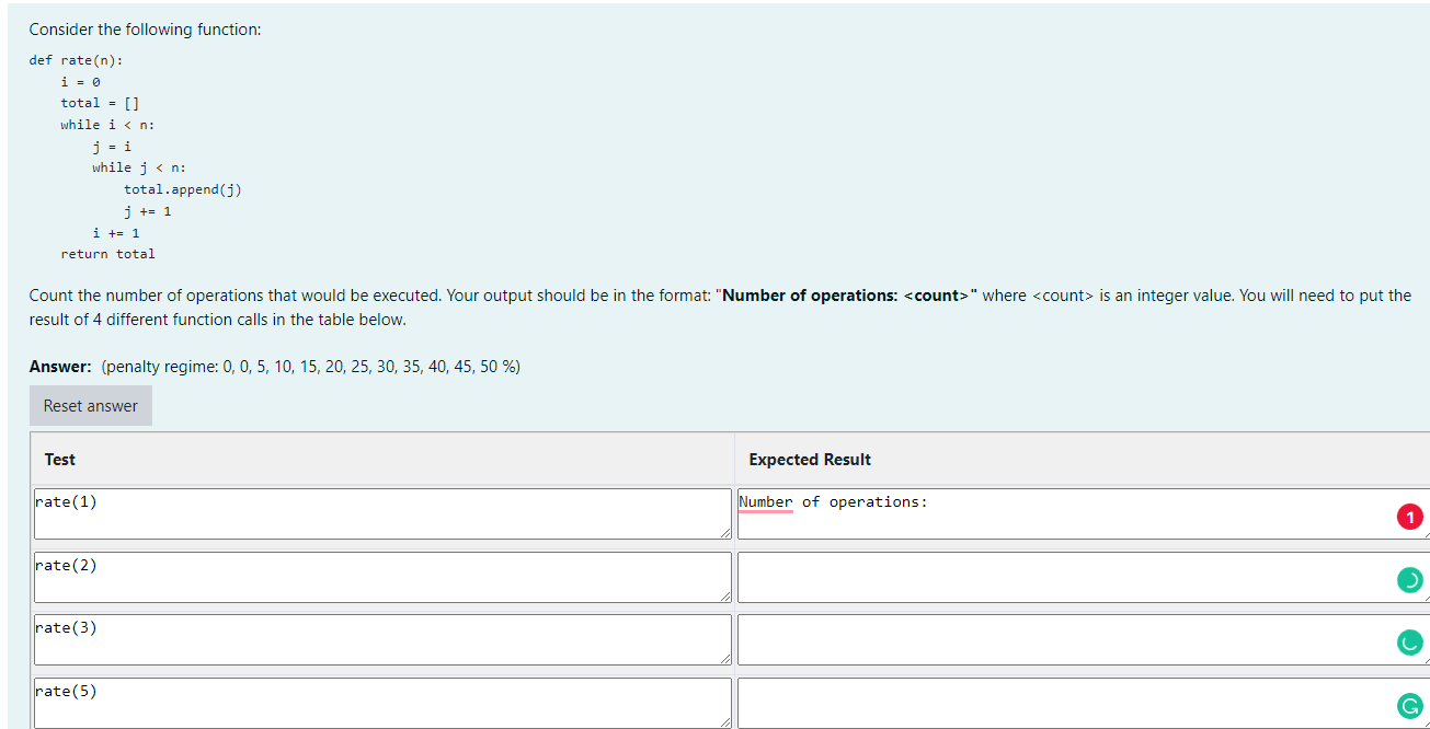Python Consider the following function: def rate(n): i = 0 total =