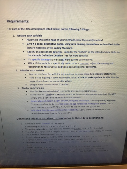 variables or constants from the provided data descriptions . Name each variable