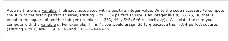 sum of the perfect squares whose value is less than h, starting