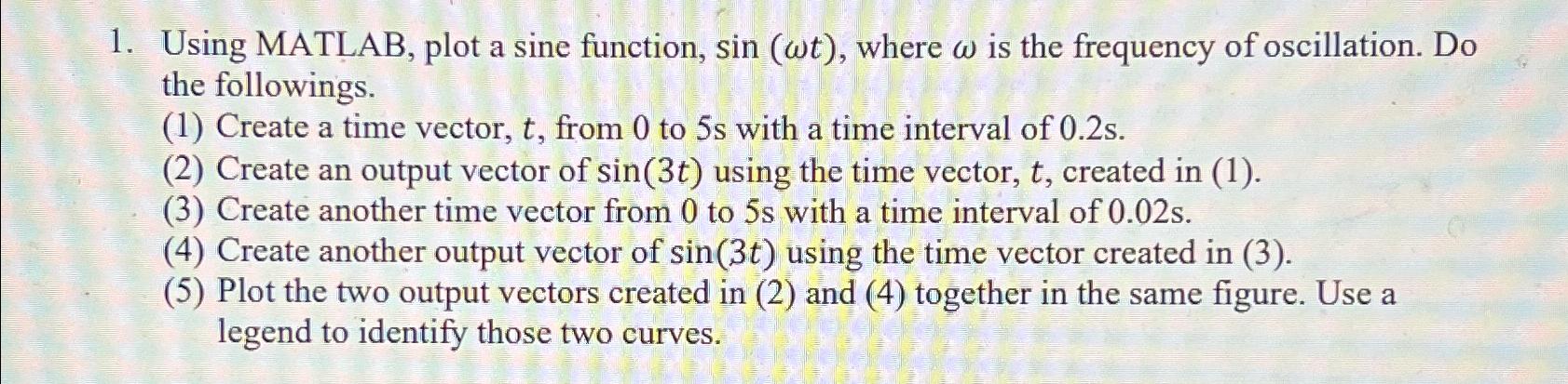  Using MATLAB, plot a sine function, sin(t), where is the frequency
