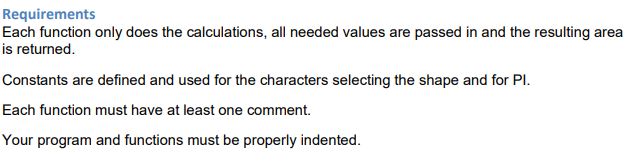 to compute the areas of four different geometric shapes: circle, square, rectangle,