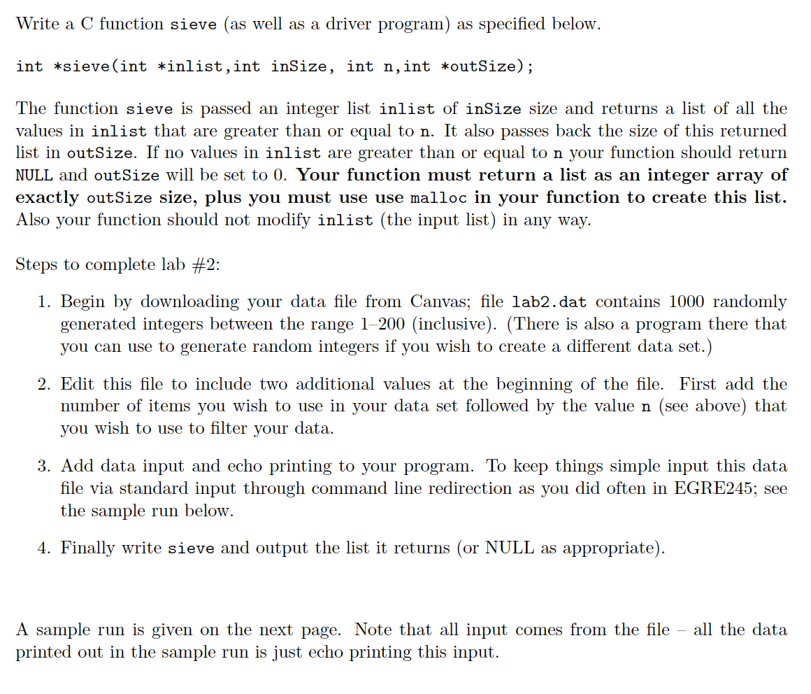  Write a C function sieve (as well as a driver program)