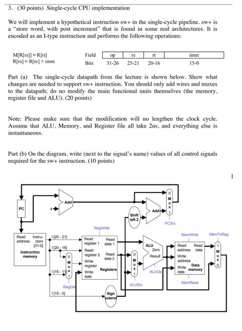  3. (30 points) Single-cycle CPU implementation We will implement a hypothetical