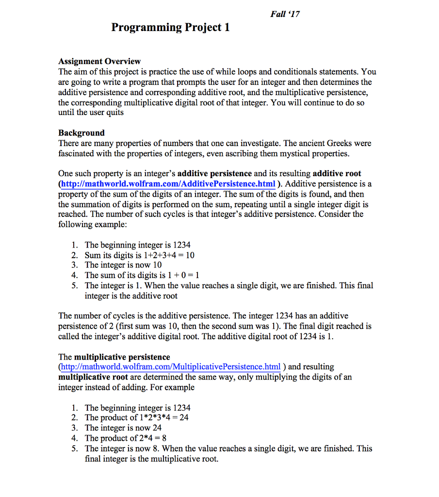  Fall '17 Programming Project 1 Assignment Overview The aim of this