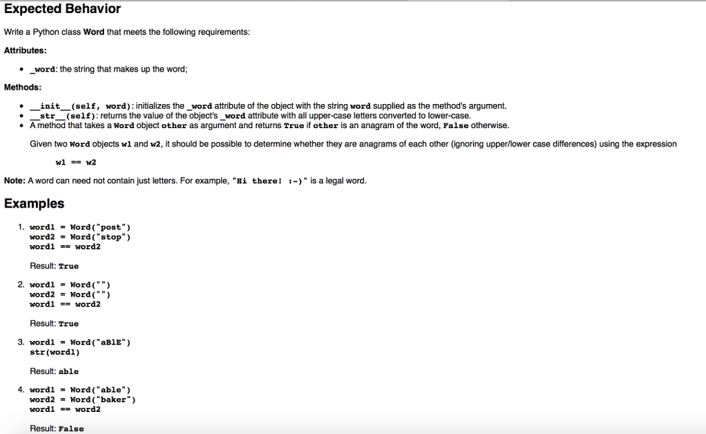  Expected Behavior Write a Python class Word that meets the following