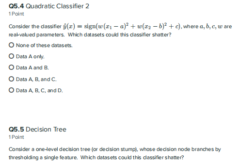 are real-valued parameters. Which datasets could this classifier shatter? None of these
