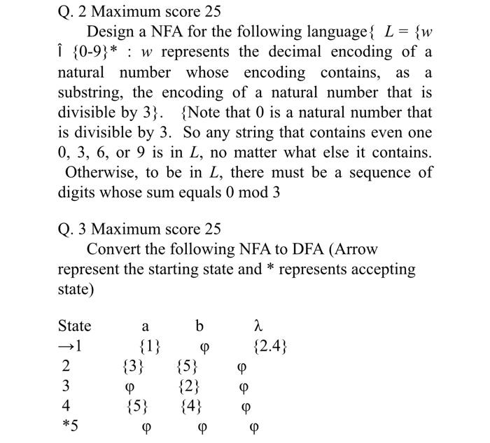 please answer both questions Q. 2 Maximum score 25 Design a NFA